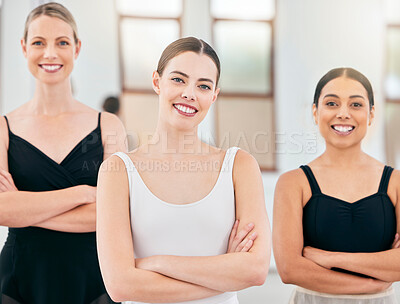 Buy stock photo Portrait, happy and ballet teacher with students in a classical arts school after training, practice and class. Smile, women and fit talent coach proud of girls dance commitment, dancers and dancing 