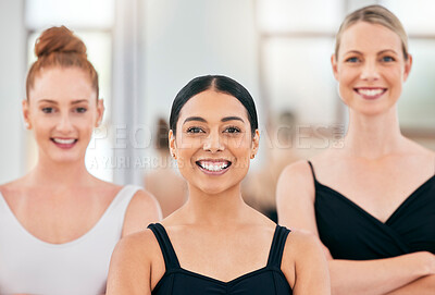 Buy stock photo Diversity ballet women portrait in academy dance studio with vision, motivation and professional goal. Group of people or girl dancer team with a smile proud of ballerina training progress together