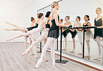Ballet students and mirror balance in studio for posture reflection training practice. Strong, healthy and flexible ballerina athlete class stretching legs with barre fitness technique.