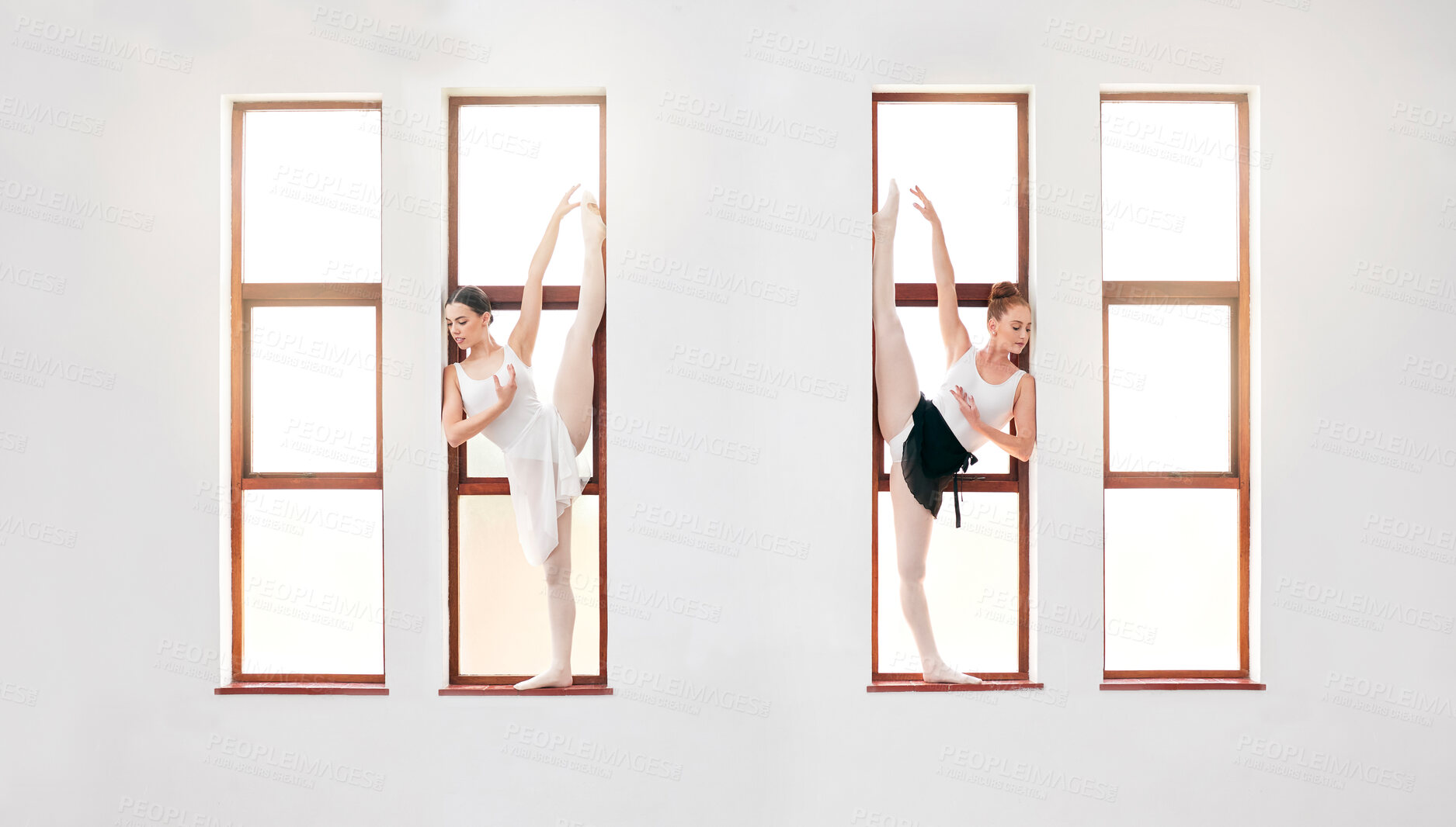 Buy stock photo Ballet, art and dancers dancing on the window at the dance academy in a practice studio. Elegant team of ballerinas stretching, training and practicing a skill for classical recital performance.