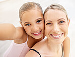 Ballet selfie, dance teacher or child studio ballerina taking fun, young and happy picture for social media. Smile portrait of woman and girl after learning beauty, elegant and creative theater art
