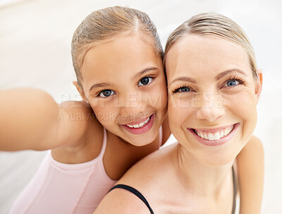Buy stock photo Ballet selfie, dance teacher or child studio ballerina taking fun, young and happy picture for social media. Smile portrait of woman and girl after learning beauty, elegant and creative theater art
