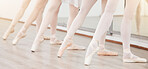 Fitness, art and ballet dance class training practice creative dancing in a studio or center, wellness movement lesson. Closeup on shoes of women dancers learning a routine, prepare for performance  