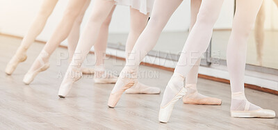 Buy stock photo Fitness, art and ballet dance class training practice creative dancing in a studio or center, wellness movement lesson. Closeup on shoes of women dancers learning a routine, prepare for performance  