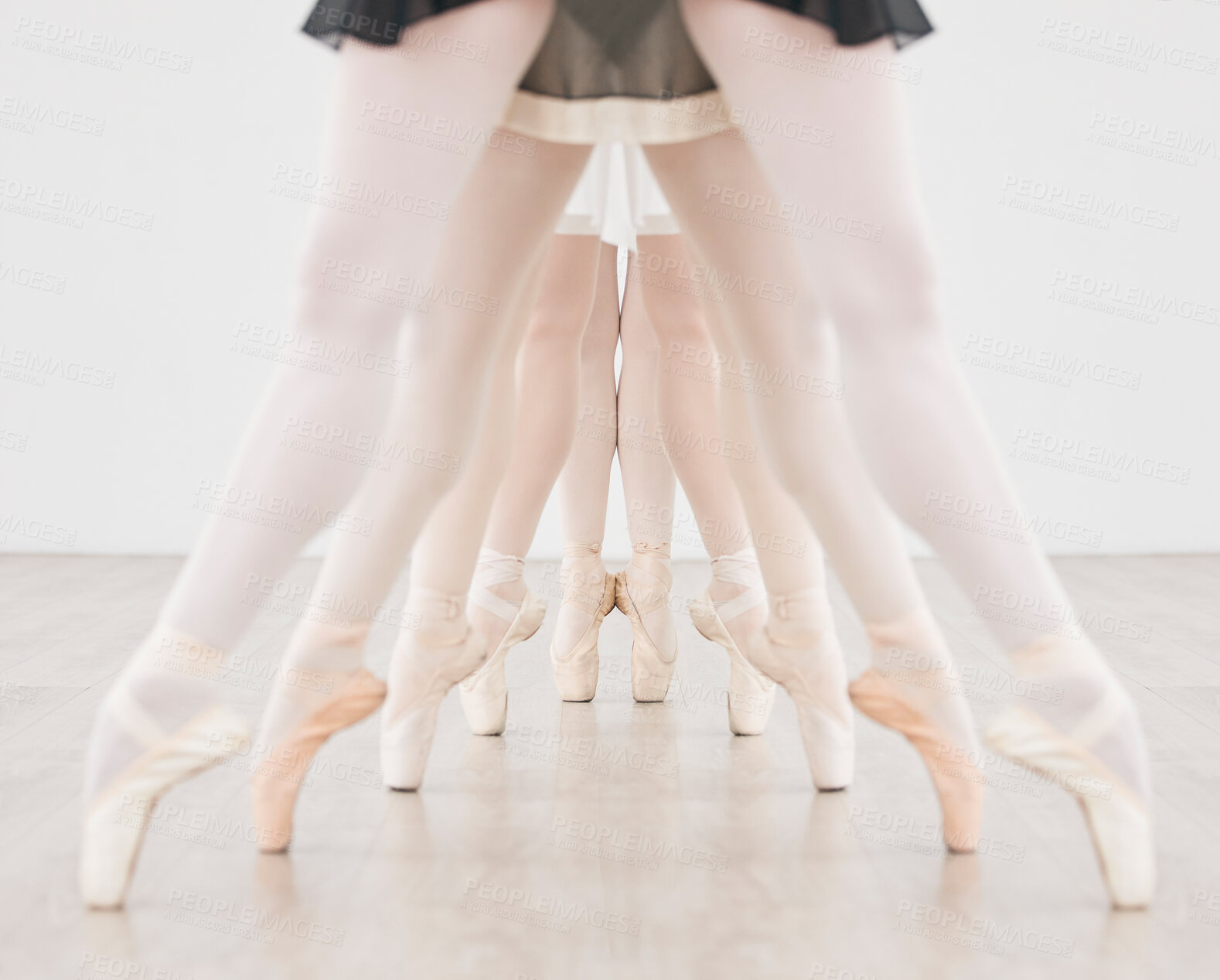 Buy stock photo Ballet training, group dance and pointe feet, strong legs and dancing skill in performance class studio. Ballerina dancers, balance and practice line learning, creative theatre and concert production