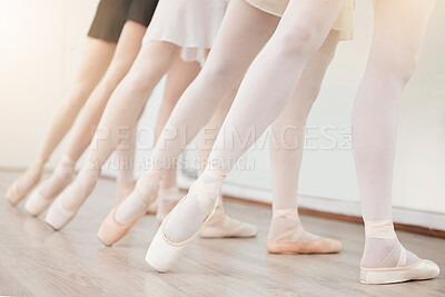 Buy stock photo Ballet, fitness and woman dancer legs with training, exercise and workout in studio for performance competition. Ballerina shoes, academy or sports students with creative, health and sport class 
