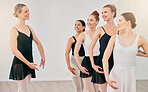 Ballet, dance and learning with women and teacher in studio at barre for art, creative and motivation. School, fitness and education with mentor helping ballerina students training in dancing class 