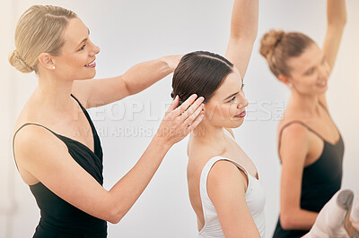 Buy stock photo Smile, ballet and teacher coaching students on balance, posture and classical performance in a hall or studio. Professional dancer teaching talented girls at a classical school or dancing art academy