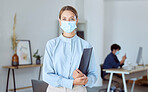 Covid business woman, portrait and face mask rule for staff safety, healthcare and corona virus risk in startup agency. Female manager, entrepreneur and covid 19 pandemic protection in modern office 