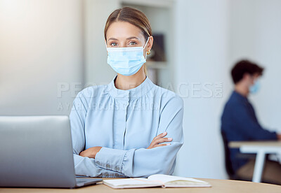 Buy stock photo Covid mask, business woman by a computer in a office ready to start with online research. Portrait of a female employee and worker about to use pc technology, internet and digital tech in a office