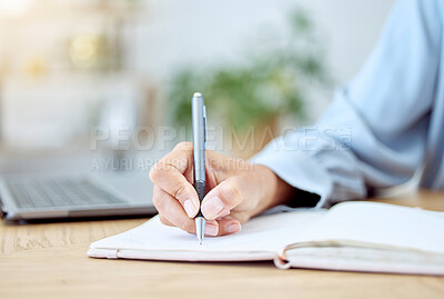 Buy stock photo Woman hands, writing notebook and planning ideas at receptionist desk in startup. Closeup writer, journalist and secretary of schedule, agenda planner and strategy reminder, budget notes and analysis