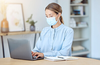 Buy stock photo Covid, compliance or business woman with face mask working with laptop for planning or research online strategy or ideas. Virus protection or creative IT girl with schedule, SEO or software analytics