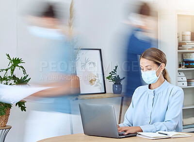 Buy stock photo Covid, laptop and planning or busy woman in office with mask for protection in workplace. Motion blur of business people in fast paced workspace with coronavirus prevention, precautions and safety.