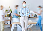 Covid, office and busy portrait of woman with mask for protection from virus in workplace. Motion blur of business people in professional agency with coronavirus face shield for safety. 

