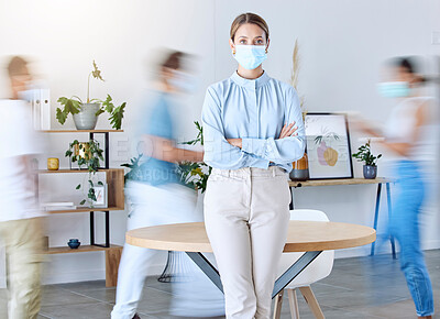 Buy stock photo Covid, office and busy portrait of woman with mask for protection from virus in workplace. Motion blur of business people in professional agency with coronavirus face shield for safety. 

