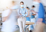 Covid, busy office and business woman portrait with face mask rules for staff safety, healthcare and corona virus risk in modern office. Motion blur, fast moving people and corona virus workplace job