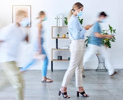 Buy stock photo Covid, busy office and woman typing phone walking in modern office with face mask. Motion blur, fast business people and corona virus workplace with employee moving, working and typing on smartphone