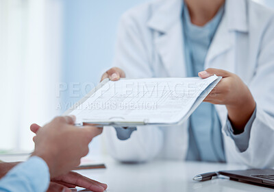 Buy stock photo Doctor, healthcare insurance and patient form for health information during consultation for medical record at hospital. Female healthcare worker with offering document for agreement for procedure