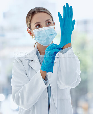 Buy stock photo Doctor mask, covid gloves and woman ready for operation, surgery or examination. Health, healthcare and medical female professional safety ppe, corona virus or bacteria, germs and disease prevention
