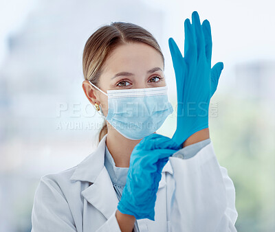 Buy stock photo Covid woman doctor, face mask and gloves safety, medicine and risk in medical hospital, laboratory and clinic. Portrait corona virus nurse, healthcare expert and professional therapist ready in ppe 