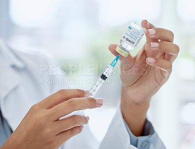 Buy stock photo Covid, medicine and vaccine with hands of doctor holding syringe and glass vial for healthcare, pharmacy and science. Innovation, medical and research with pharmacist working on treatment for virus 