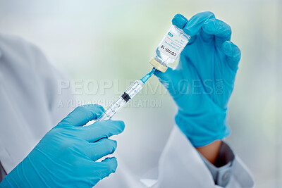 Buy stock photo Hands of doctor with covid vaccine and needle for help, support and safety protection from covid 19 pandemic. Medical healthcare worker, hospital nurse or corona virus expert with medicine innovation
