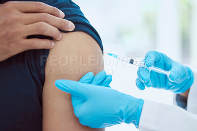 Buy stock photo Man, doctor and covid vaccine in arm by hospital, medical and consulting healthcare worker to stop spread of global virus. Zoom, hands and medicine injection in syringe for security and safety