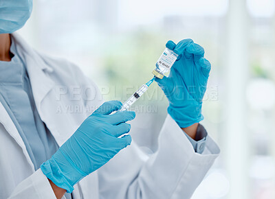 Buy stock photo Doctor with covid vaccine, injection and corona virus medicine needle, bottle and syringe in hospital. Closeup nurse hands, healthcare and flu risk, viral vaccination and medical immunity treatment