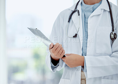 Buy stock photo Doctor, medical and compliance with health safety, healthcare or nurse worker with documents, paper or clipboard. Medicine, wellness and surgery research for insurance, bacteria and science analytics