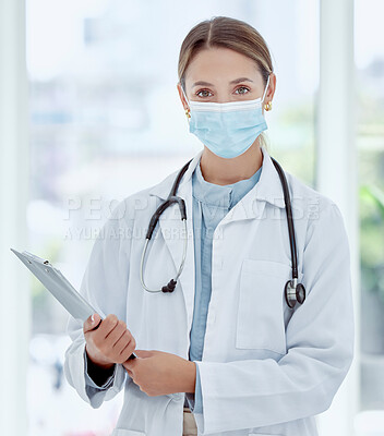 Buy stock photo Medical doctor in covid hospital portrait, health safety compliance and healthcare professional woman with face mask. Expert consultation, clinical medicine work and clipboard examine virus results