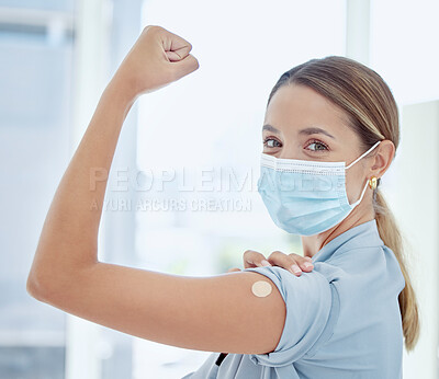 Buy stock photo Woman, covid and vaccine injection success for safety, protection and medicine for strong immune system. Hospital healthcare center girl yes approve corona vaccination winning medical benefit results