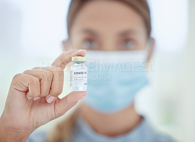 Buy stock photo Woman doctor, hands and covid vaccine bottle in medical, wellness treatment or healthcare hospital compliance. Medicine zoom, worker or consulting employee and global covid 19 virus pharmacy solution