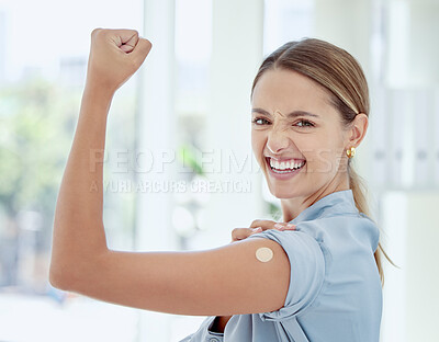 Buy stock photo Woman, covid vaccine or band aid on flex arm in power, strength or support of Australian hospital injection. Happy smile portrait of patient and plaster in global virus security or safety wellness