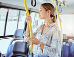 Woman travel with smartphone on bus transportation check social media, website or internet for information about the city. Young person with 5g cellphone on public transport in urban town lens flare