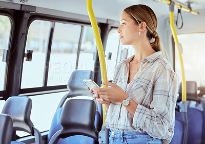 Buy stock photo Woman, bus travel and phone on public transportation while thinking and using social media or internet app for information about city traveling. Female passenger with 5g network cellphone in town