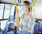 Covid, face mask and public transport with woman in a bus or train on commute into city or work during coronavirus pandemic. Travel, precaution and safety of commuter or passenger female traveling