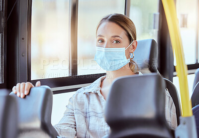 Buy stock photo Compliance, public transport and woman in bus with covid rules, travelling in city. Portrait of female in social distancing vehicle with community care and hygiene on a daily commute during pandemic