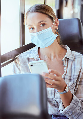 Buy stock photo Woman, covid and phone in travel bus for health safety, news and social media with mask. Portrait of a female traveler in public transport during pandemic on mobile smartphone for communication