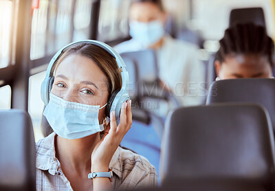 Buy stock photo Covid, travel and music for woman on bus journey or transportation with mask for safety against covid 19 virus. Portrait of relax young girl with headphones streaming or listening to radio podcast