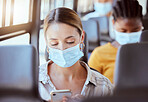 Covid, travel and woman with mask on bus with phone with, social media, communication or networking on transport. Girl, digital or mobile app for safety compliance, health or 5g network or smartphone