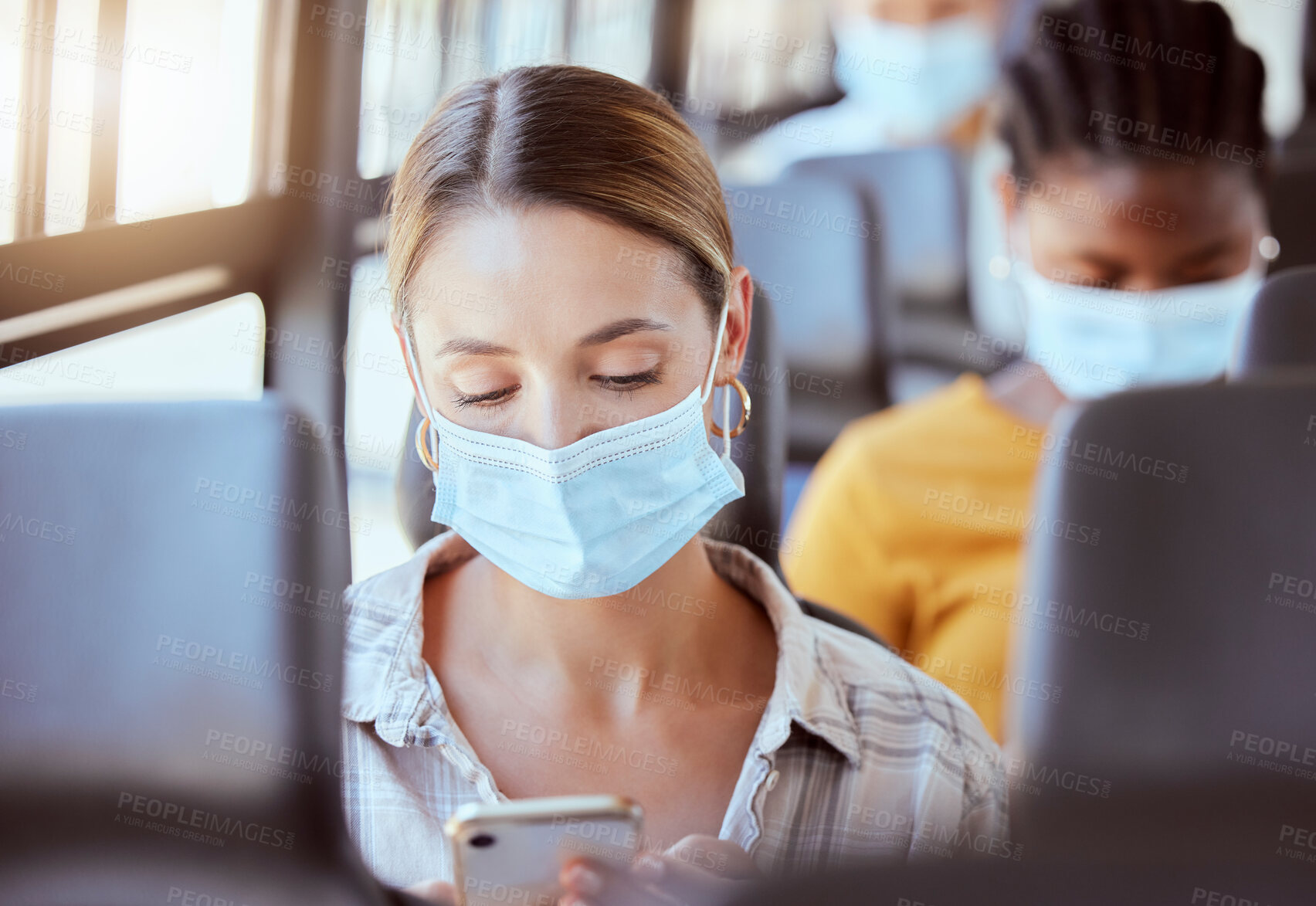 Buy stock photo Covid, travel and woman with mask on bus with phone with, social media, communication or networking on transport. Girl, digital or mobile app for safety compliance, health or 5g network or smartphone
