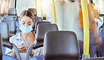 Covid, phone and woman bus mask for travel protection from sickness in pandemic health crisis. Global virus and girl passenger public commute safety for infection and illness prevention.

