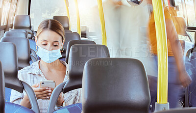 Buy stock photo Covid, phone and woman bus mask for travel protection from sickness in pandemic health crisis. Global virus and girl passenger public commute safety for infection and illness prevention.


