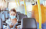 Bus travel, covid woman and phone typing for social media, reading notification and 5g online mobile tech in transport journey. Young girl face mask rules, corona virus safety and smartphone on train