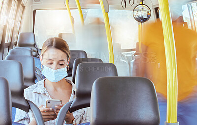 Buy stock photo Bus travel, covid woman and phone typing for social media, reading notification and 5g online mobile tech in transport journey. Young girl face mask rules, corona virus safety and smartphone on train