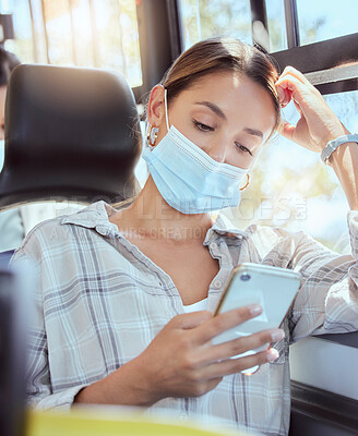 Buy stock photo Covid face mask, transport and woman with smartphone reading news online in bus and sunshine lens flare. Travel person with cellphone on mobile chat app, social media or internet information on train