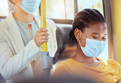 Buy stock photo Covid, health black woman travel on bus smiling, social distancing for safety in pandemic virus. Happy women diversity of people on car transport during a commute to work, university or home covid 19