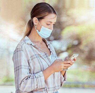 Buy stock photo Covid, mask and social media woman on smartphone to relax and rest on commute with 5g connection. Mobile communication on internet app with woman reading pandemic news with face protection.

