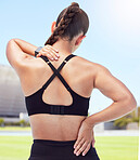 Fitness woman back pain, spine injury and neck problems at sports training stadium outdoors. Athlete fracture, health emergency and scoliosis risk from exercise workout, body stress and muscle bruise