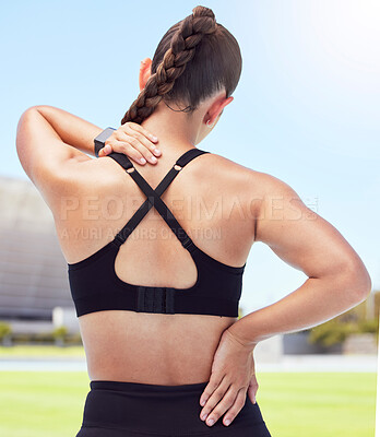 Buy stock photo Fitness woman back pain, spine injury and neck problems at sports training stadium outdoors. Athlete fracture, health emergency and scoliosis risk from exercise workout, body stress and muscle bruise